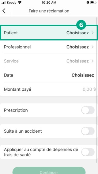 application desjardins omni déposer un écran de réclamation avec le champ patient en surbrillance