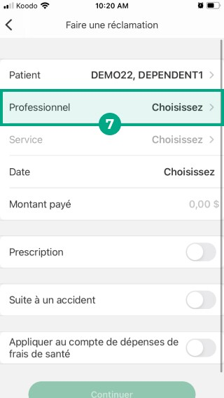 écran de réclamation de l'application desjardins omni avec un professionnel en surbrillance