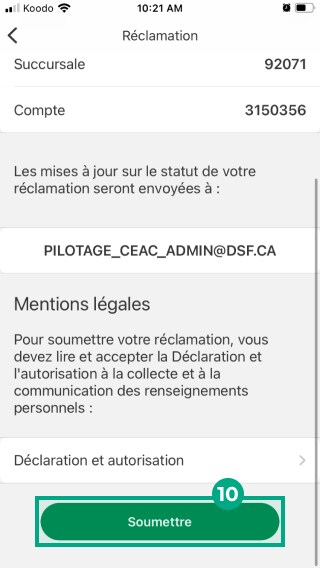 Écran de réclamation de l'application Desjardins omni avec le bouton Soumettre en surbrillance