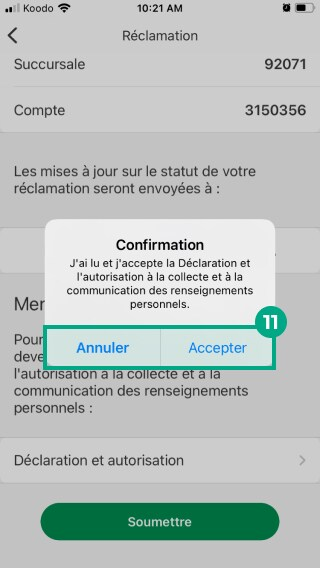 Fenêtre contextuelle de confirmation de réclamation de l'application Desjardins omni avec le bouton d'accord en surbrillance