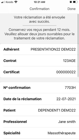 Écran de confirmation de réclamation de l'application Desjardins omni