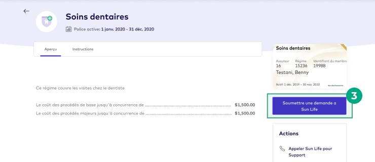 Écran du compte d'assurance dentaire sur le site Web de la Ligue avec le bouton Soumettre la demande en surbrillance