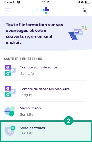 Écran de portefeuille dans l'application mobile League avec le compte dentaire en surbrillance