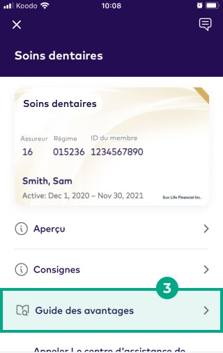 Écran du compte d'assurance dentaire dans l'application League avec le bouton du livret de couverture complète en surbrillance