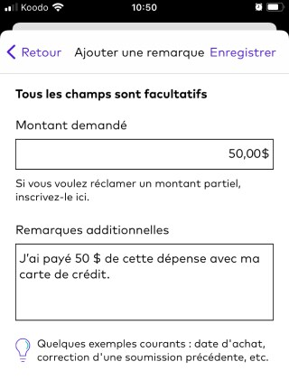 Capture d'écran d'une demande de compte de dépenses Lifestyle sur l'application mobile League