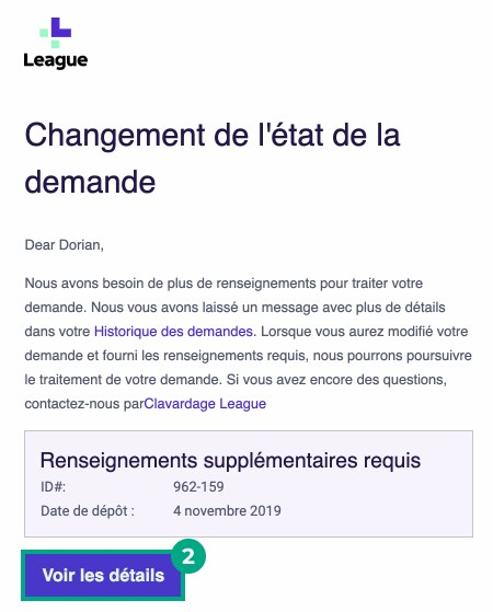 E-mail sur l'état de la demande avec le bouton Afficher les détails en surbrillance