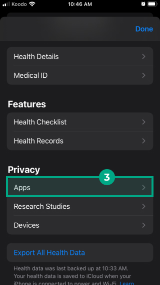 apps button highlighted under the privacy header in apple health's app