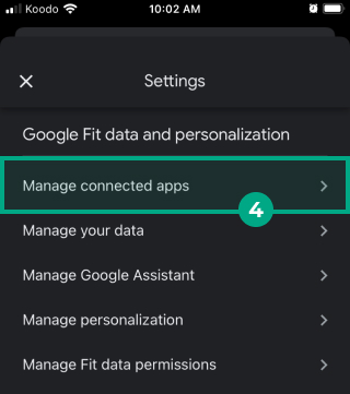 google fit app setting with manage connected apps highlighted