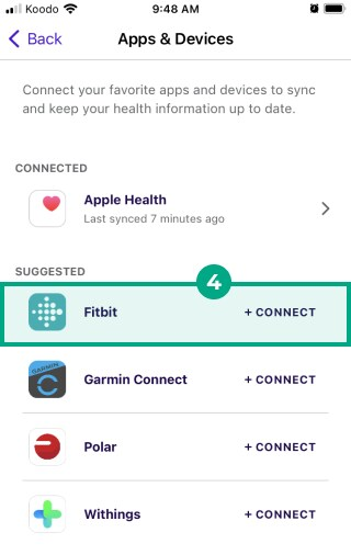 fitbit highlighted under the suggested header in League's app apps and devices tab