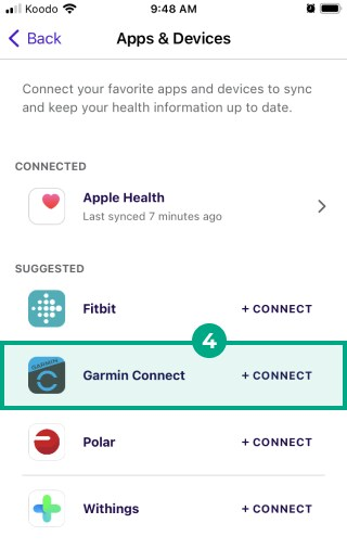 Garmin connect highlighted under the suggested header in League app's apps and devices tab