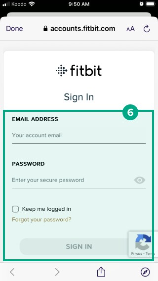 fitbit app sign in screen with email address and password fields highlighted 