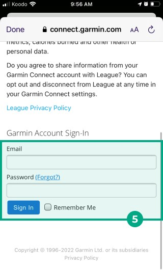 garmin app sign in screen with email and password fields highlighted 