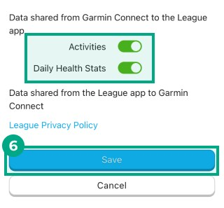 garmin app data sharing screen with data points and save button highlighted