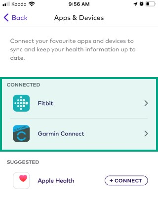 fitbit and garmin connect highlighted under connected in League's app apps and devices screen