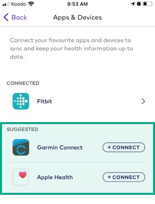 garmin connect and apple health highlighted under connected header in League's app apps and devices tab