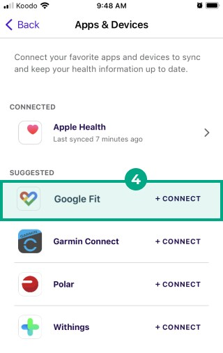 google fit button highlighted under the suggested header in League's app apps and devices screen
