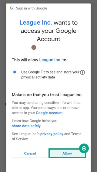 google sign in screen confirming you want to share google fit data with the League app