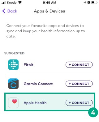 apple health button under suggested header highlighted in League's app apps and devices screen