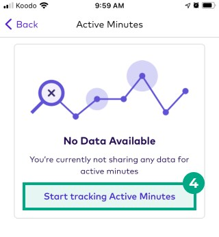 start tracking active minutes button highlighted in the active minutes screen