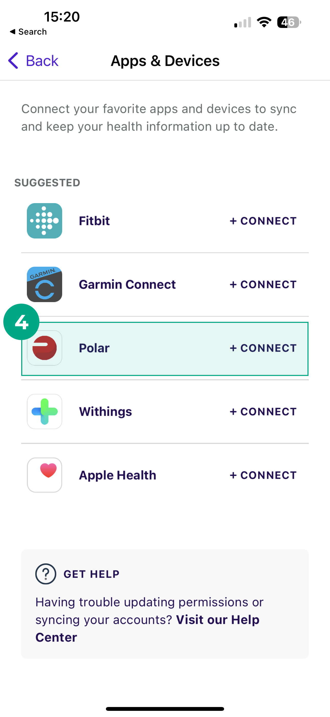 Suggested polar button highlighted in league's app apps and devices screen