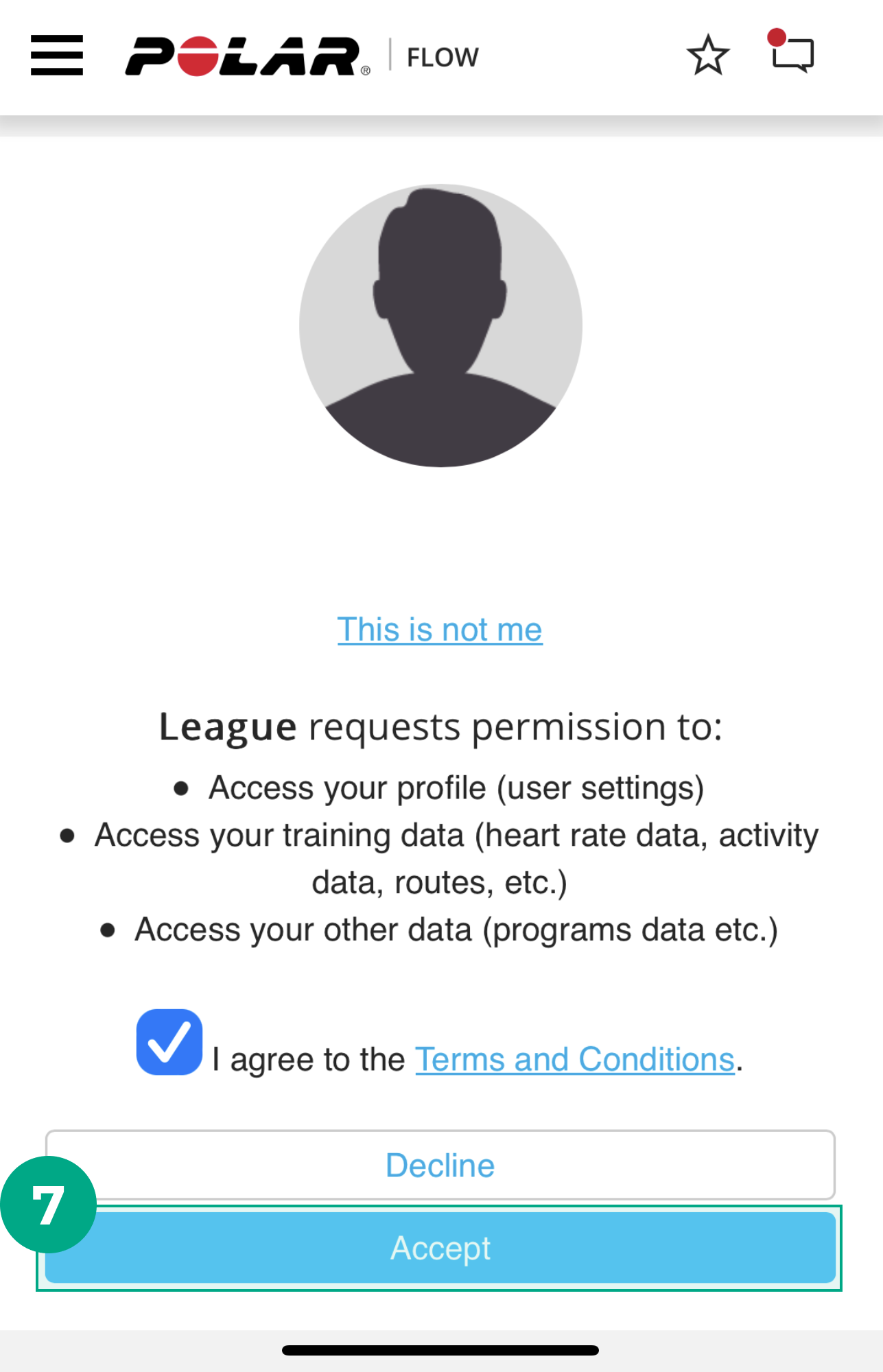 polar app permission request button with accept button highlighted