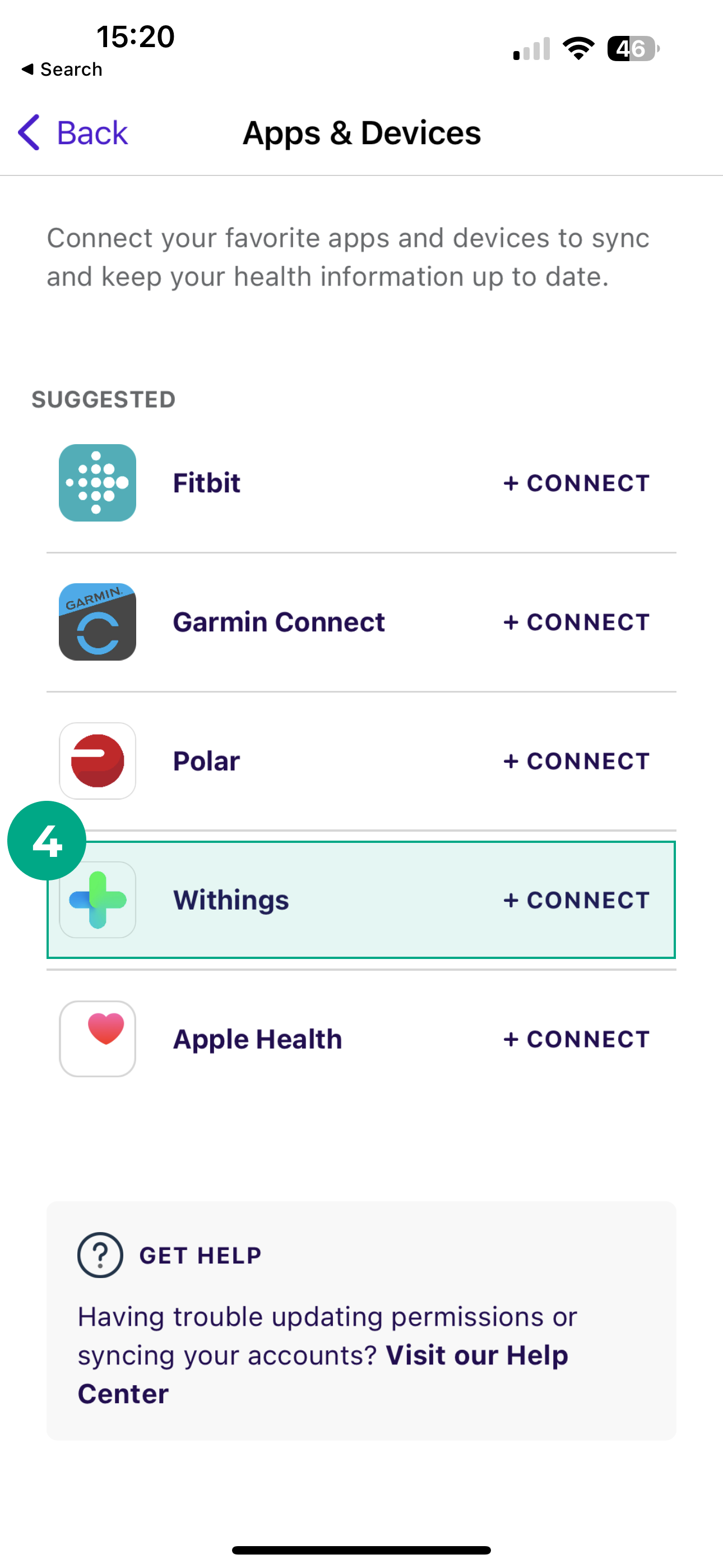 Suggested withings button highlighted in League's app apps and devices screen