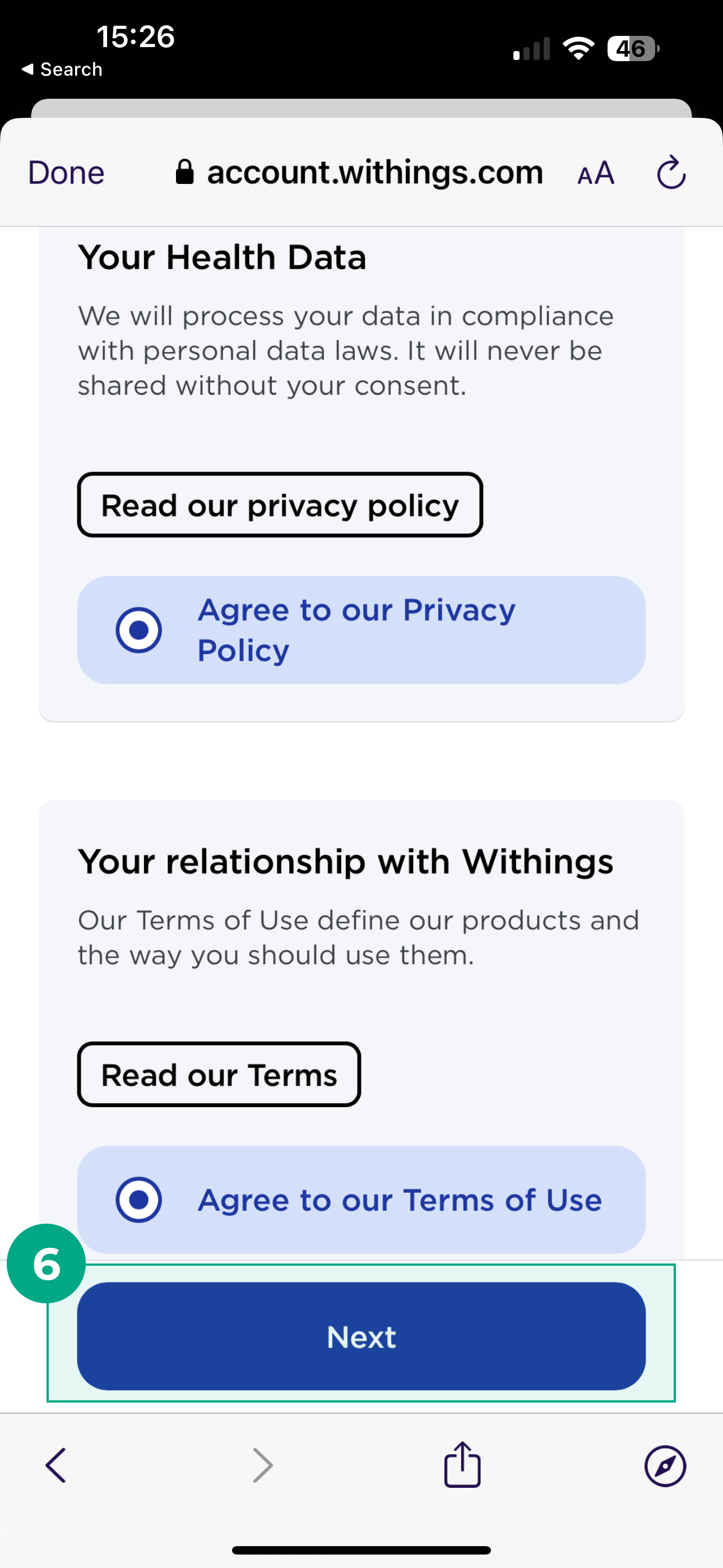 withings app terms screen with next button highlighted