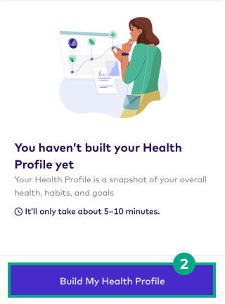 Health Profile screen on the League mobile app with the Build My Health Profile button highlighted