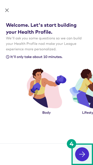 Introduction screen for the Health Profile on the League mobile app with the arrow button highlighted