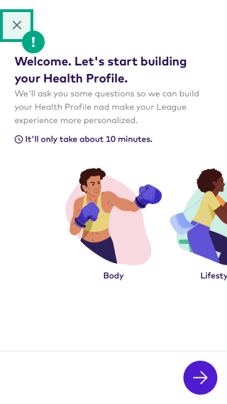 Introduction screen for the Health Profile on the League mobile app with the Exit button highlighted