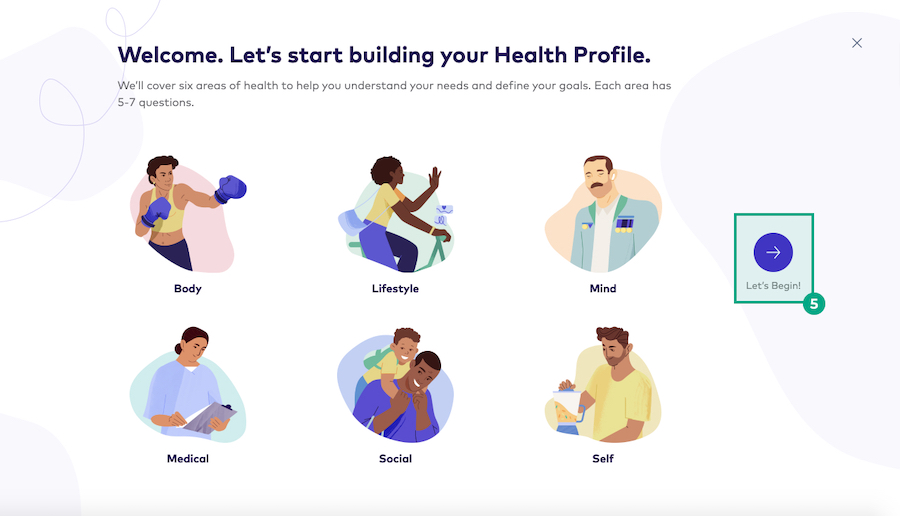 Introduction screen for the Health Profile on the League mobile app with the Let's Begin button highlighted