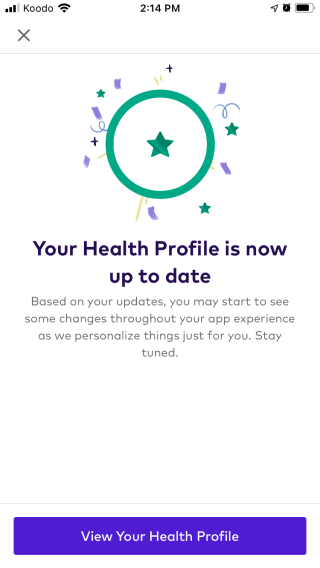 Edit Health Profile confirmation screen on the League mobile app