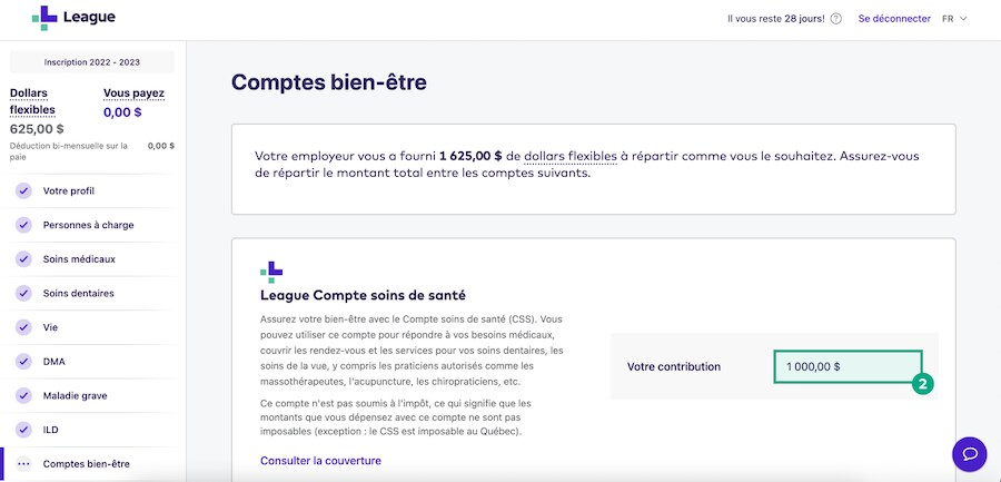 Écran d'inscription avec la contribution du compte Wellness en surbrillance