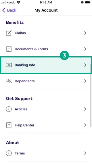 banking info button highlighted in the my account menu