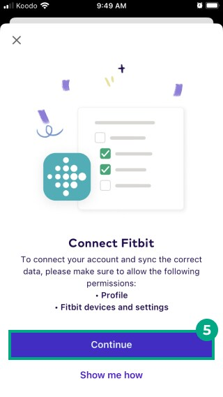 continue button highlighted in connect fitbit screen