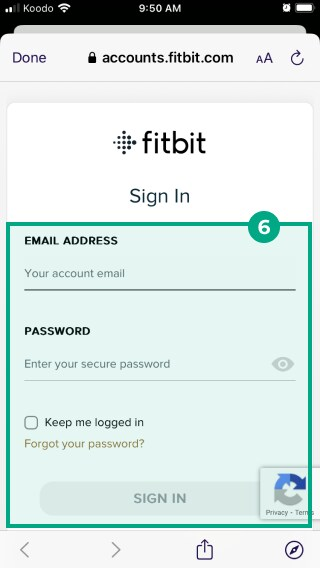 fitbit app sign in screen with email address and password fields highlighted