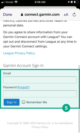 garmin app sign in screen with email and password fields highlighted