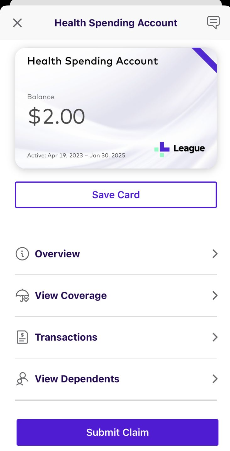 Health spending account screen on the League app