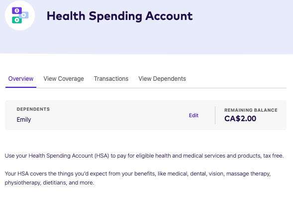 Health spending account overview screen on the League website
